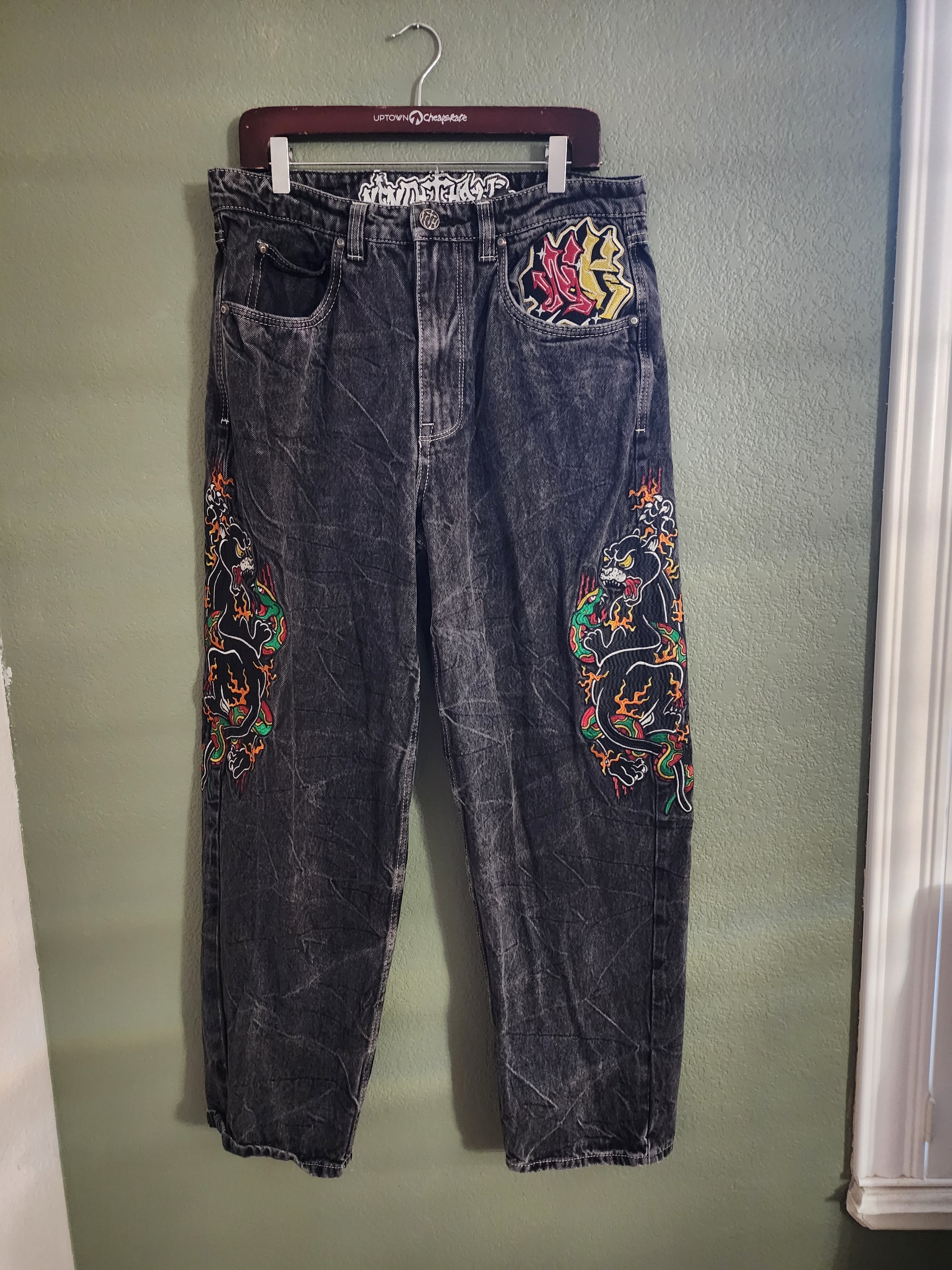 Ambush Men's Graphic Embroidered Jeans Size 32 Y2k Streetwear Panther Snake Deni